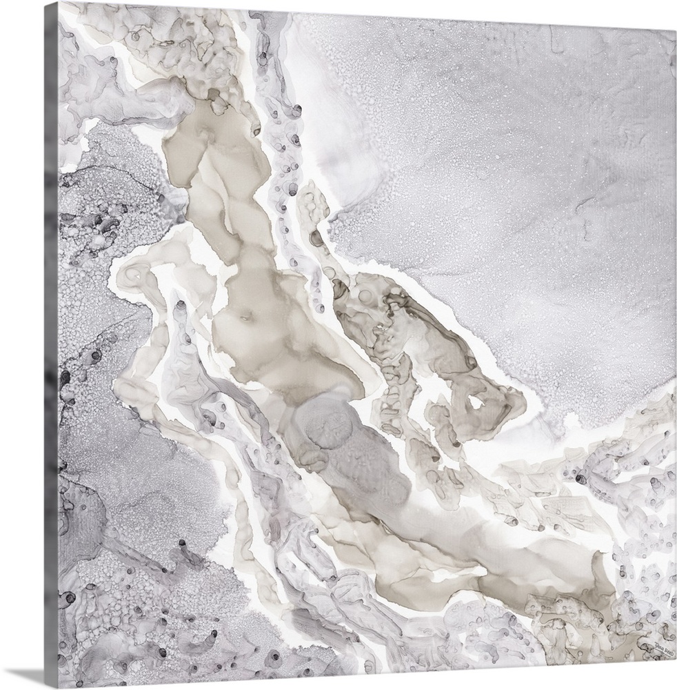 Square abstract artwork of a marble design in shades of beige, white and gray.