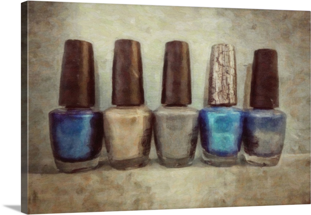 Contemporary painting of a row of blue nail polish bottles on a neutral backdrop.