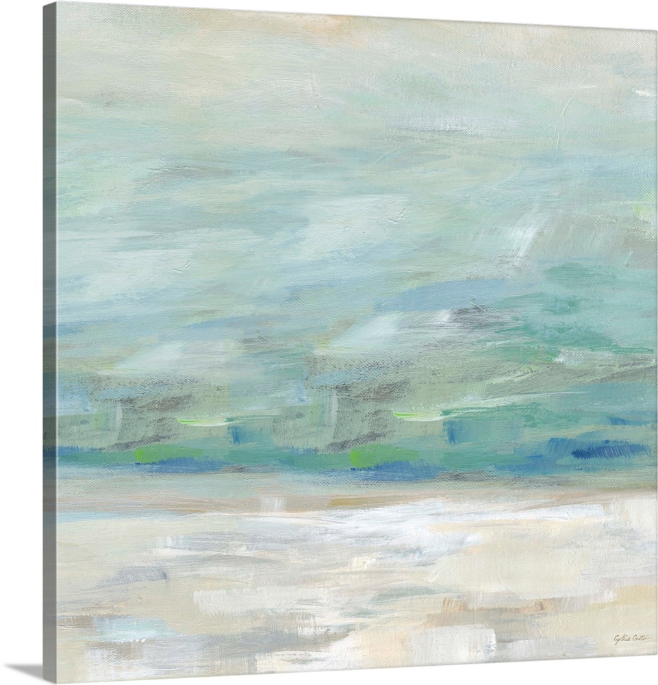 An abstract landscape scene in shades of green, blue and white.