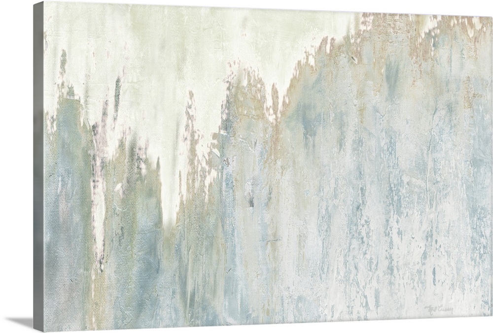 Horizontal abstract painting in muted tones of blue, brown and gray.