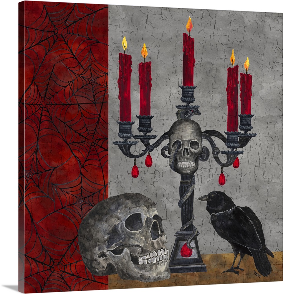 A square decorative image of a human skull, candelabra and a raven surrounded by webs with a cracked surface appearance.