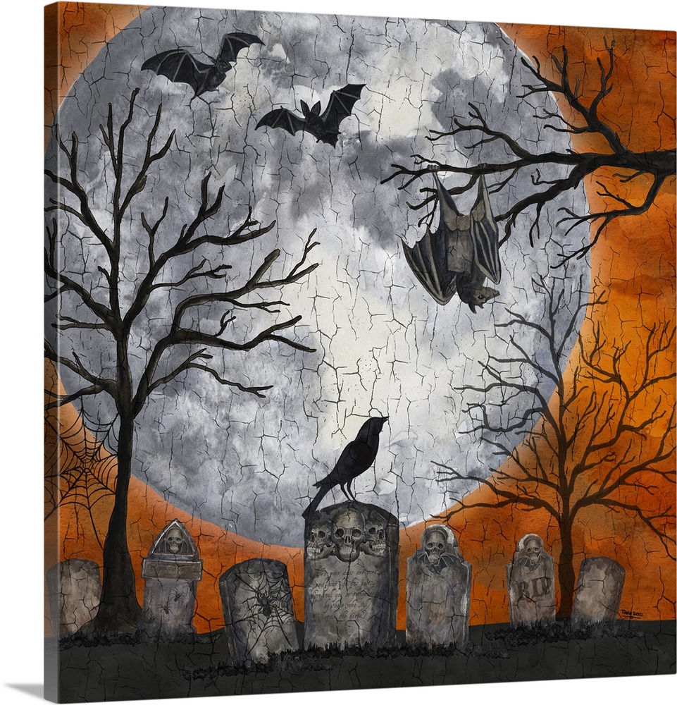 A square decorative image of a graveyard scene with bats, a large moon and an orange sky.