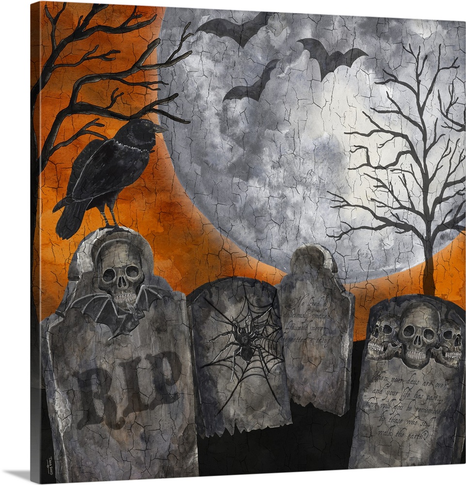 A square decorative image of a graveyard scene with bats, a large moon and an orange sky.