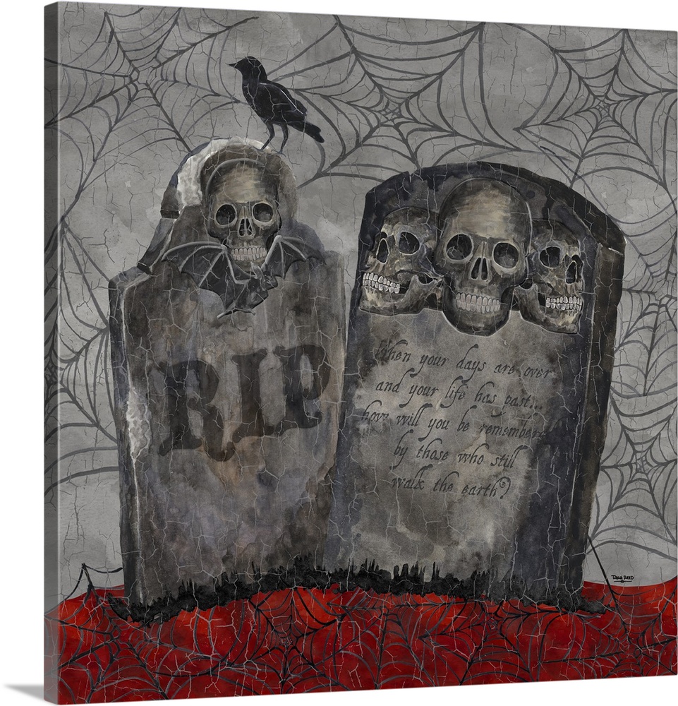 A square decorative image of two gravestones with human skulls with a raven surrounded by webs and a cracked surface appea...