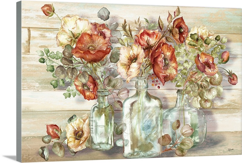 Spice Poppies And Eucalyptus In Bottles Landscape | Great Big Canvas