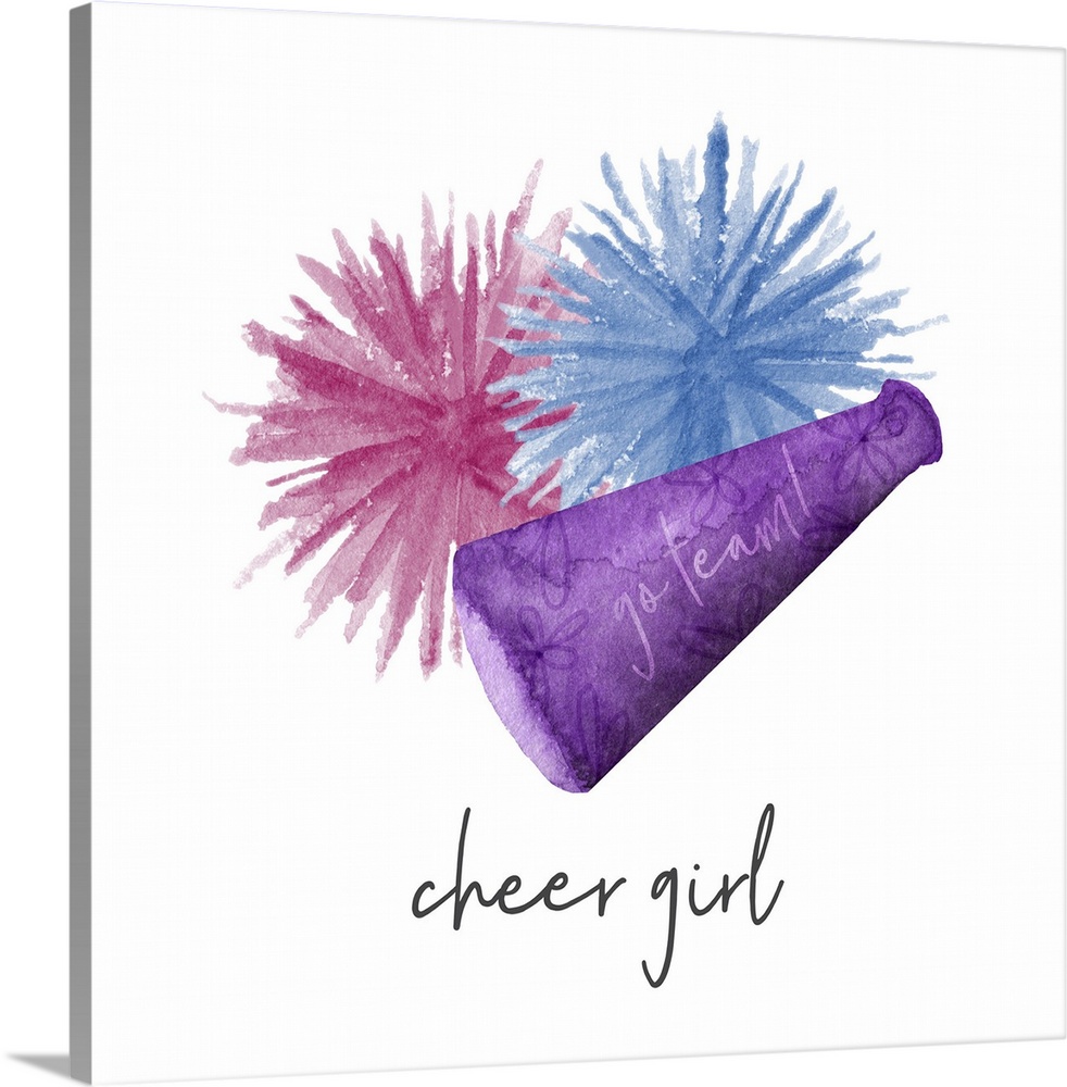 A watercolor image of a group of colorful patterned megaphone and pom  poms and the text 'cheer girl.'