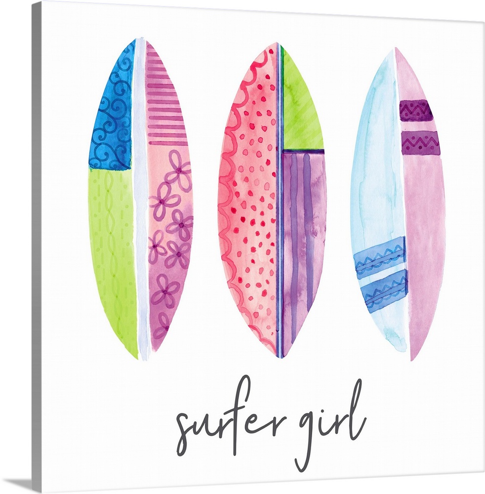 A watercolor image of a group of colorful patterned surfboards and the text 'surfer girl.'