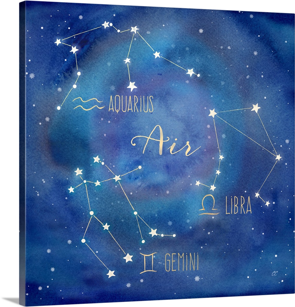 Square artwork of the constellations of Aquarius, Libra and Gemini with the symbols.