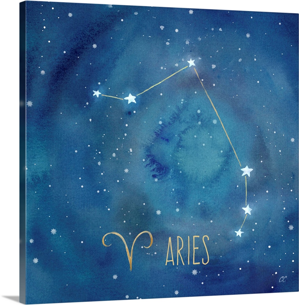 Square artwork of the constellation of Aries with the symbol.