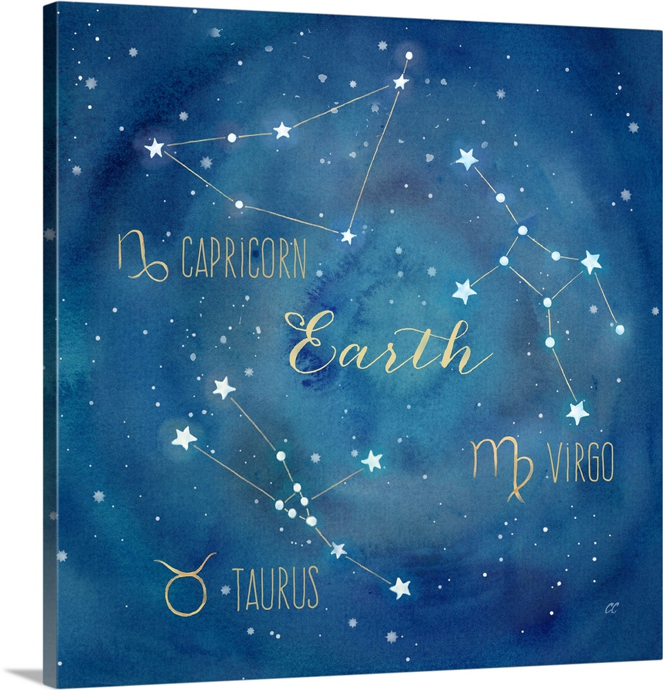 Square artwork of the constellations of Capricorn, Taurus and Virgo with the symbols.