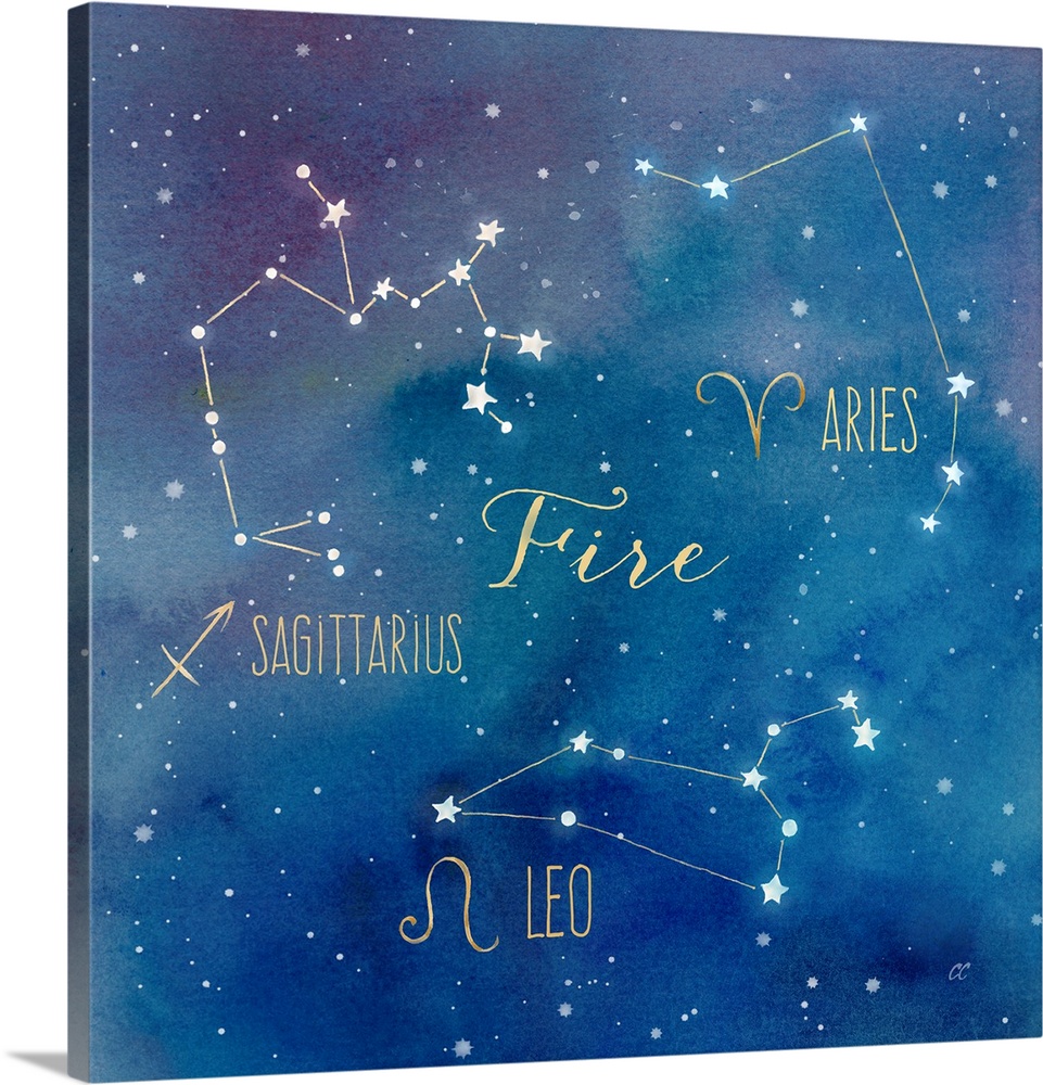 Square artwork of the constellations of Aries, Sagittarius and Leo with the symbols.