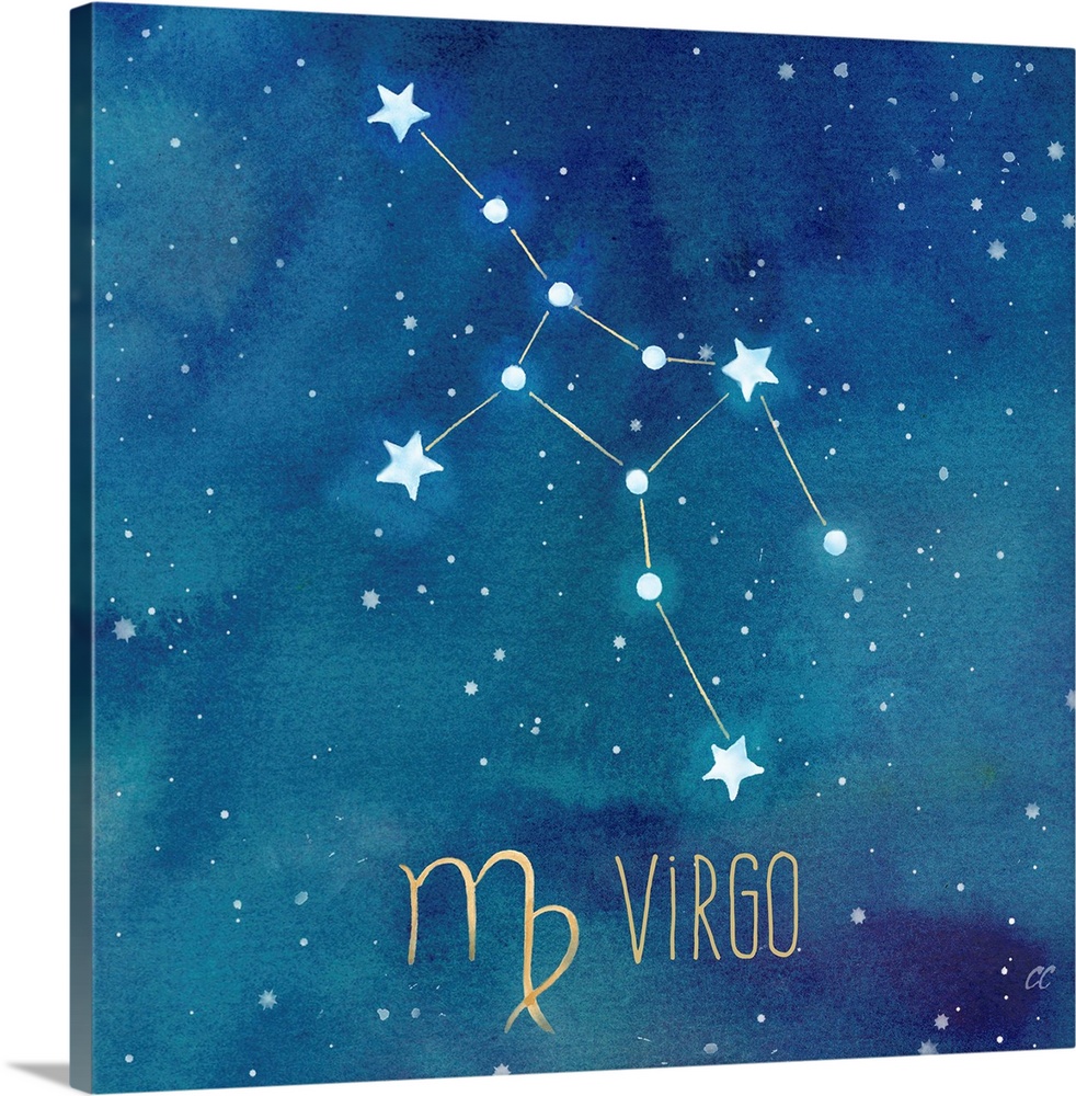 Square artwork of the constellation of Virgo with the symbol.
