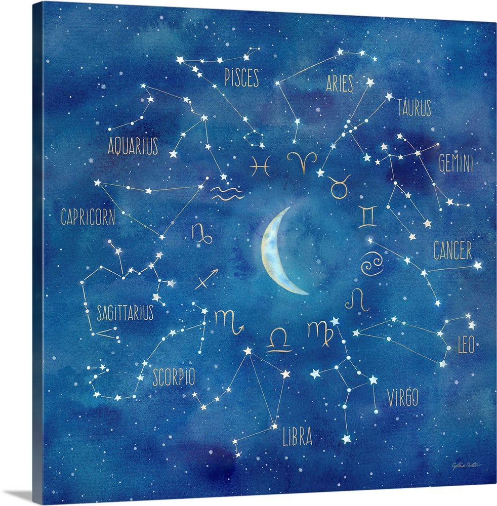 Square artwork of the different horoscope constellations surrounding a crescent moon.