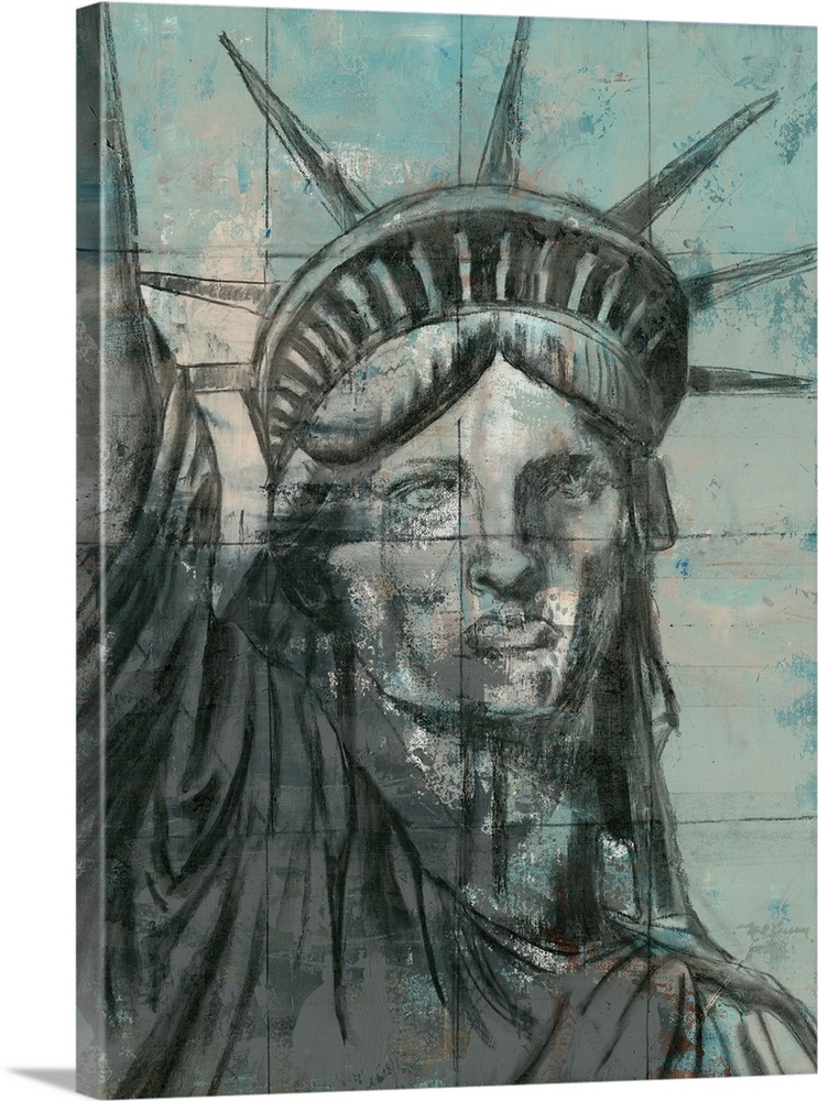 Contemporary painting of the Statue Of Liberty in New York, in subdue tones, with a square grid overlay.