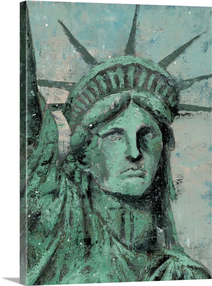 Contemporary painting of the Statue Of Liberty in New York, in subdue green tones, with a distressed appearance.