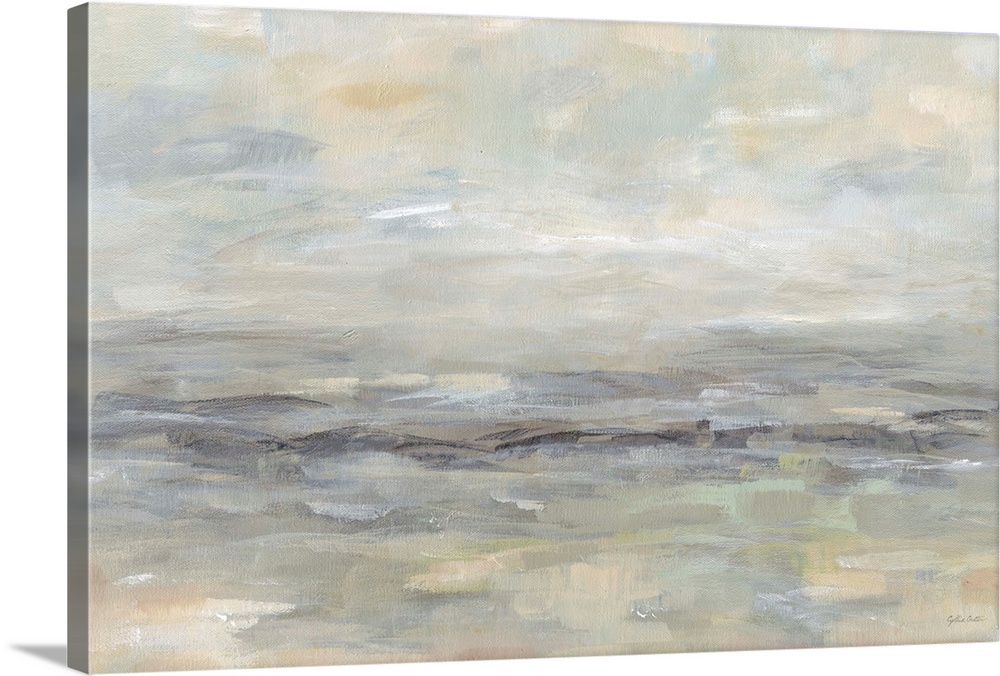 A contemporary landscape painting in abstract horizontal brush strokes in muted tones.