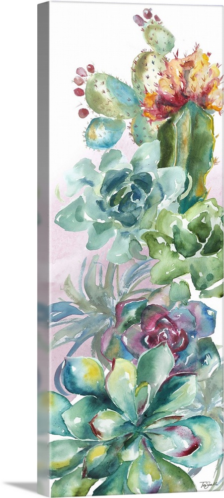 A vertical decorative watercolor painting of a group of succulents in a garden.