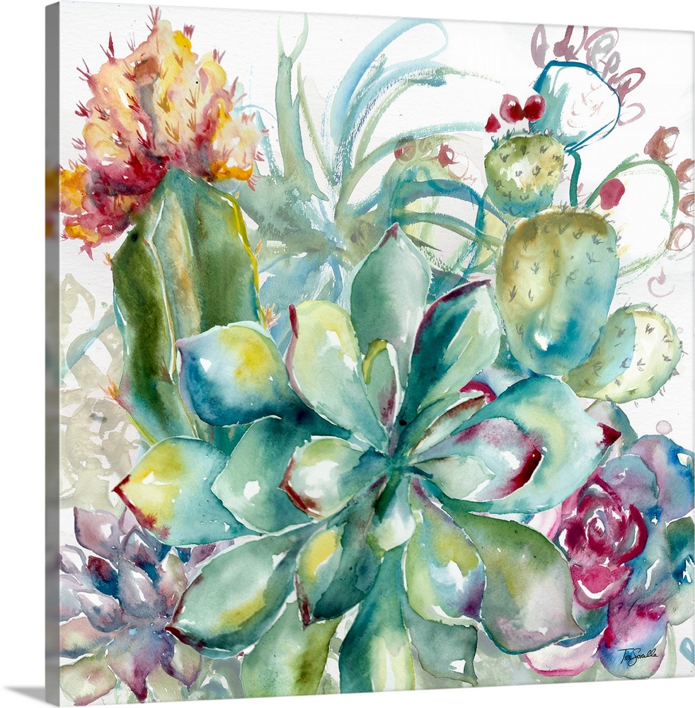 A square decorative watercolor painting of a group of succulents in a garden.