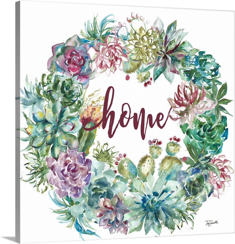 "Home" on a square decorative watercolor painting of a wreath of colorful succulents.