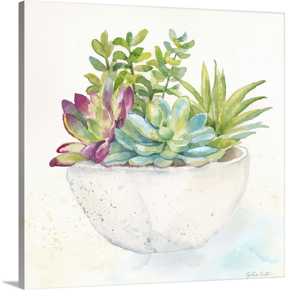 A square decorative watercolor painting of succulents in clay pots.