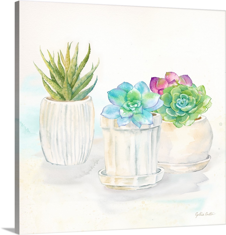 A square decorative watercolor painting of succulents in clay pots.