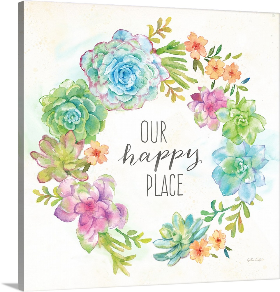 "Our Happy Place" on a square decorative watercolor painting of a wreath of colorful succulents.