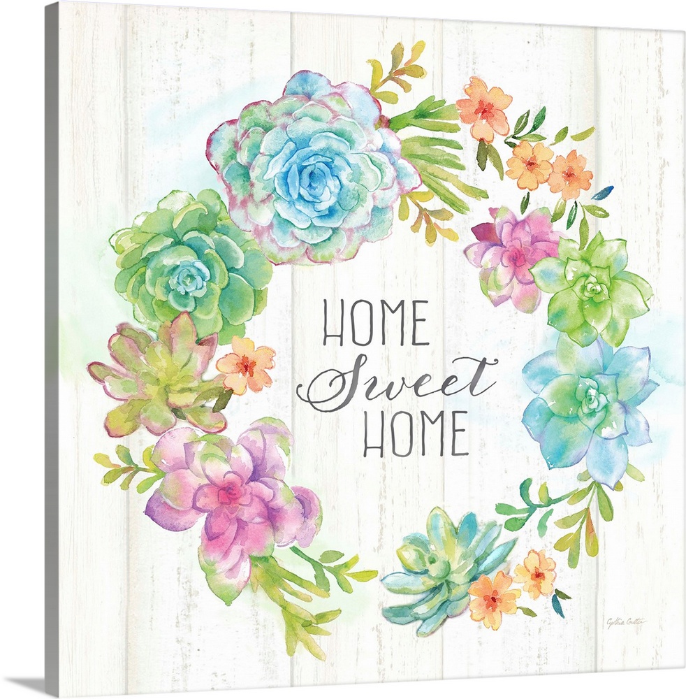 "Home Sweet Home" on a square decorative watercolor painting of a wreath of colorful succulents.