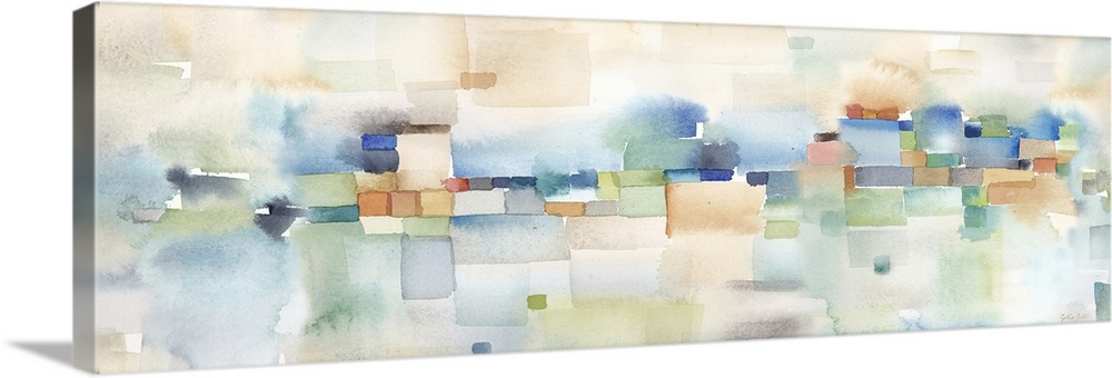 Horizontal abstract watercolor painting in blurred square shapes in muted tones of brown, blue and green.