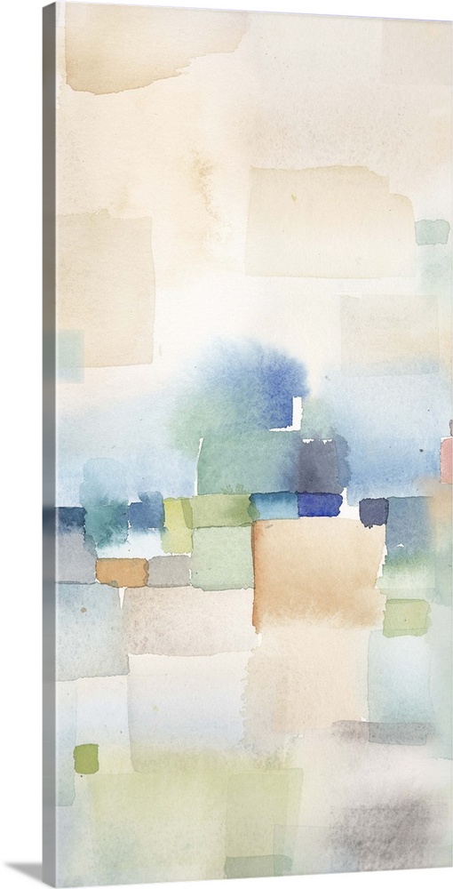 Abstract watercolor painting in blurred square shapes in muted tones of orange, blue and green.