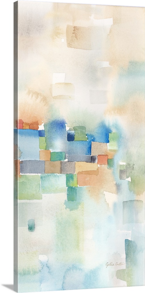 Abstract watercolor painting in blurred square shapes in muted tones of orange, blue and green.