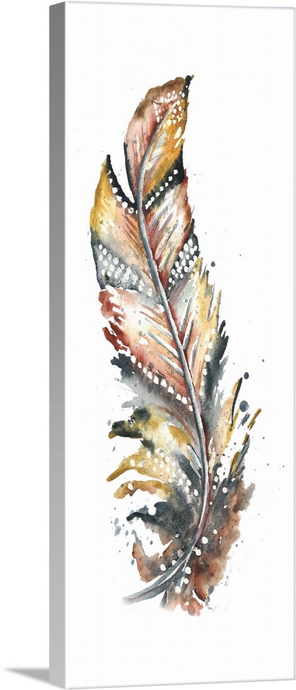 A vertical watercolor design of a single feather in shades of brown and yellow with white spots.