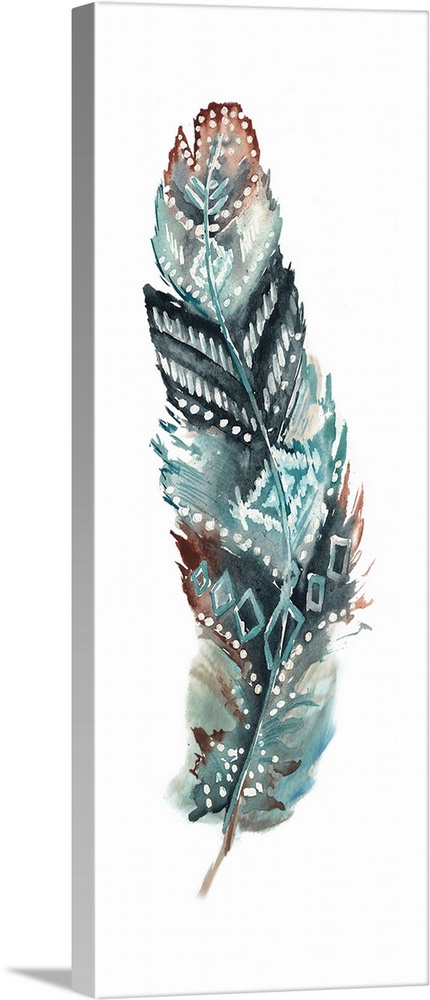 A vertical watercolor design of a single feather in shades of brown and teal with white spots and a tribal pattern.
