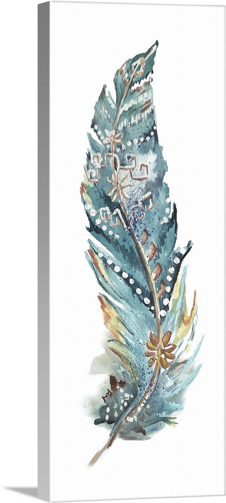 A vertical watercolor design of a single feather in shades of teal and yellow with white spots and a tribal pattern.