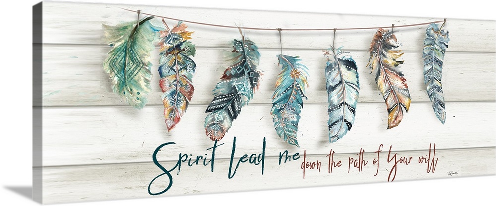 A watercolor design of a row of feathers with tribal patterns and the text "Spirit Lead me down the path of your will."