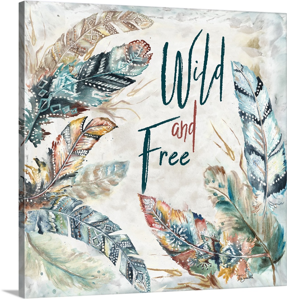 A watercolor design of feathers with tribal patterns and the text "Wild and Free."