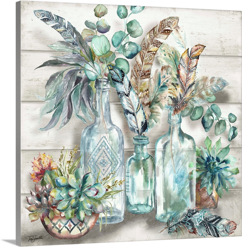 A watercolor design of feathers with tribal patterns in glass bottles with succulents on a white wood panel background.