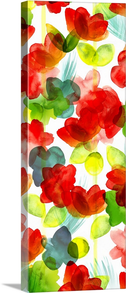 A large vertical watercolor painting of bright colored flowers of red, yellow and green on a white background.