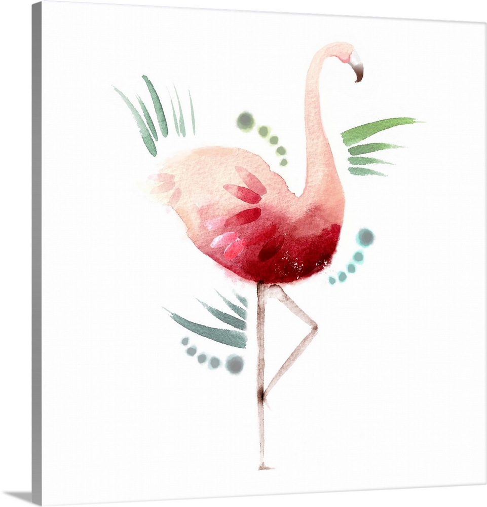 Square decorative watercolor image of a pink flamingo on a white background.