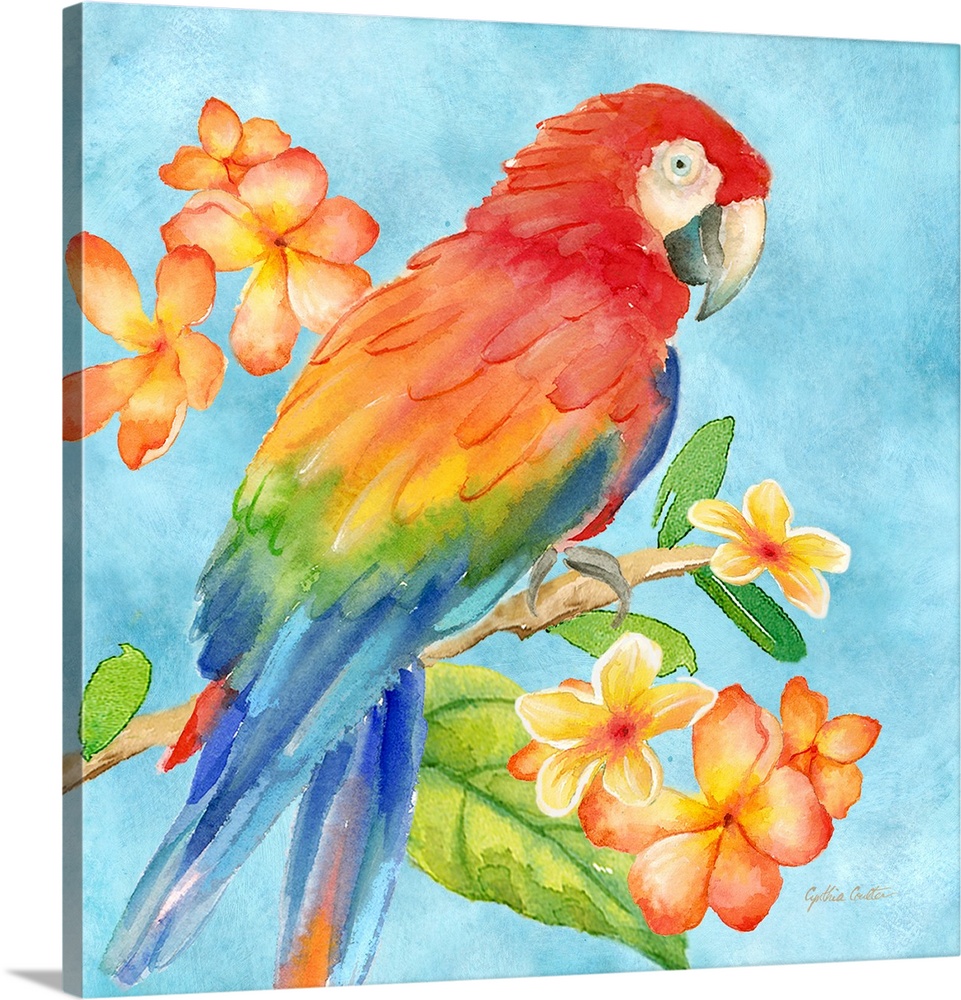 A bright colored painting of a parrot on a flower covered branch with a blue background.