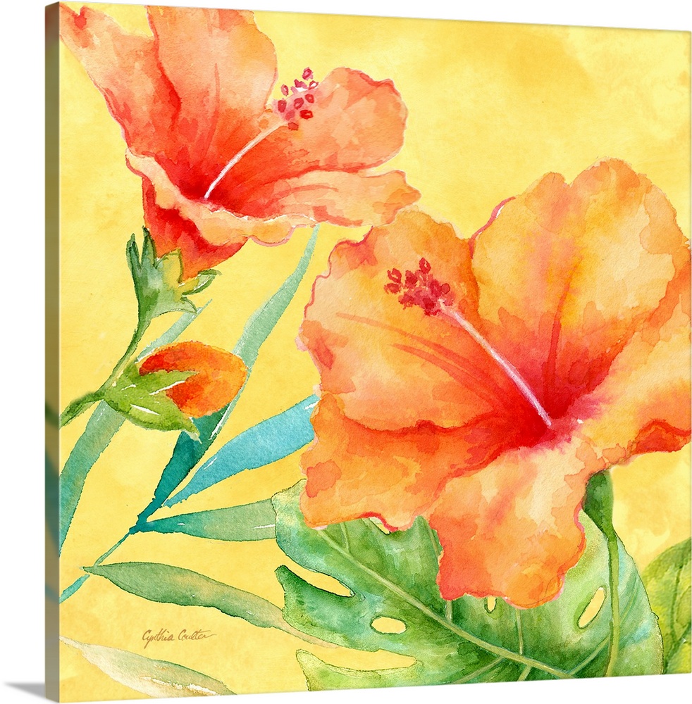 A bright colored painting of orange hibiscus flowers with a yellow background.