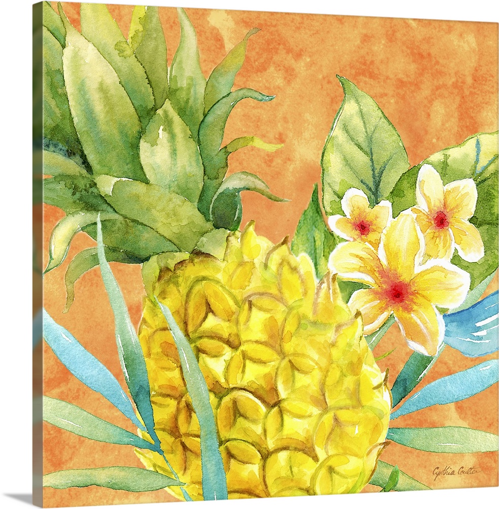 A bright colored painting of a yellow pineapple with tropical flowers with an orange background.