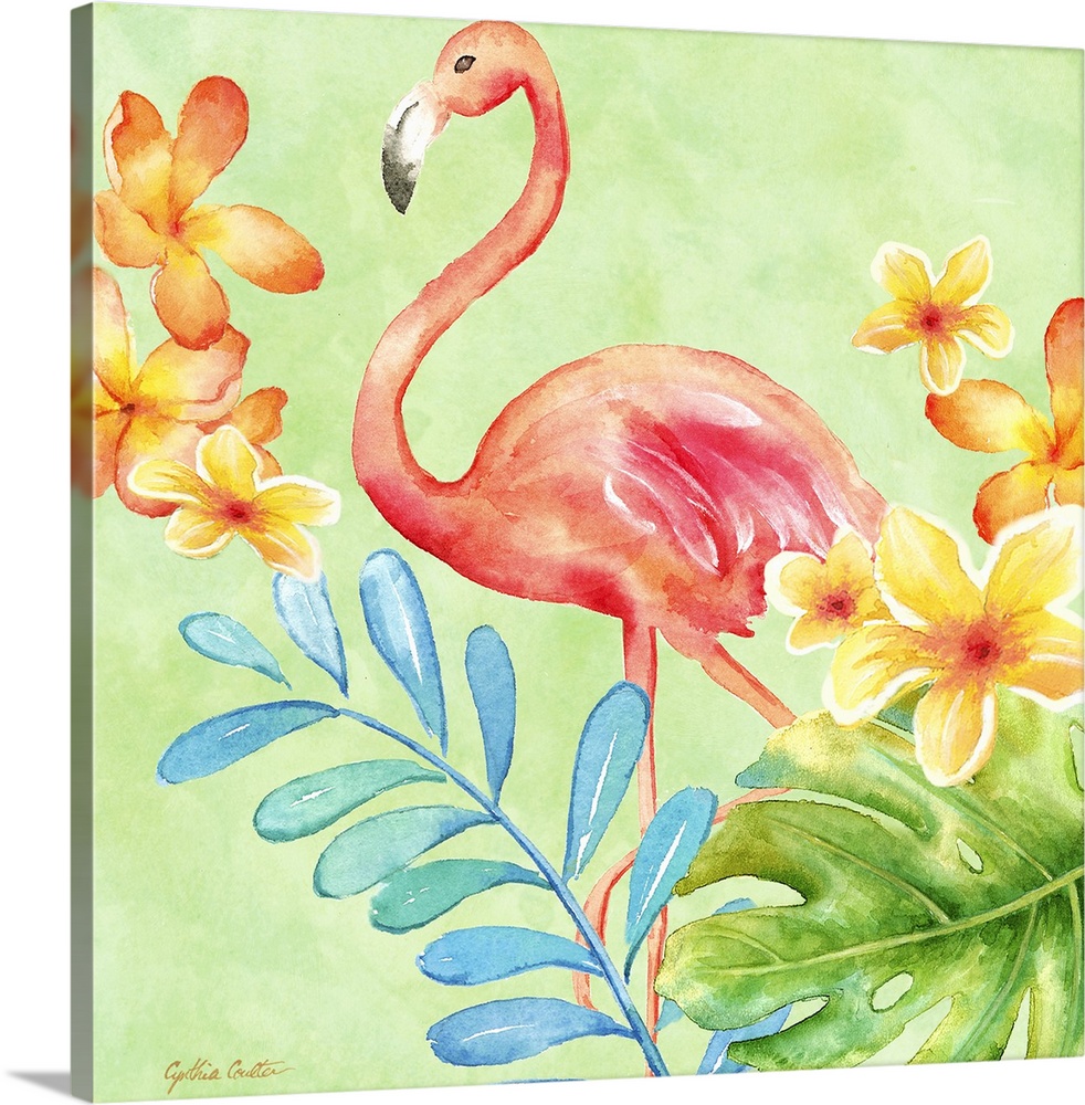 A bright colored painting of a pink flamingo with tropical flowers with a green background.