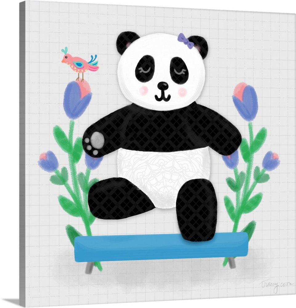 A whimsical design of a black and white panda on a gymnastics balance beam with flowers on a gray and black grid background.