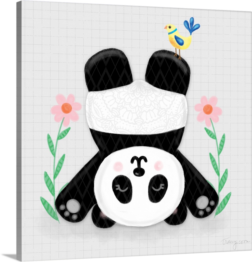 A whimsical design of a black and white panda doing a headstand with flowers on a gray and black grid background.