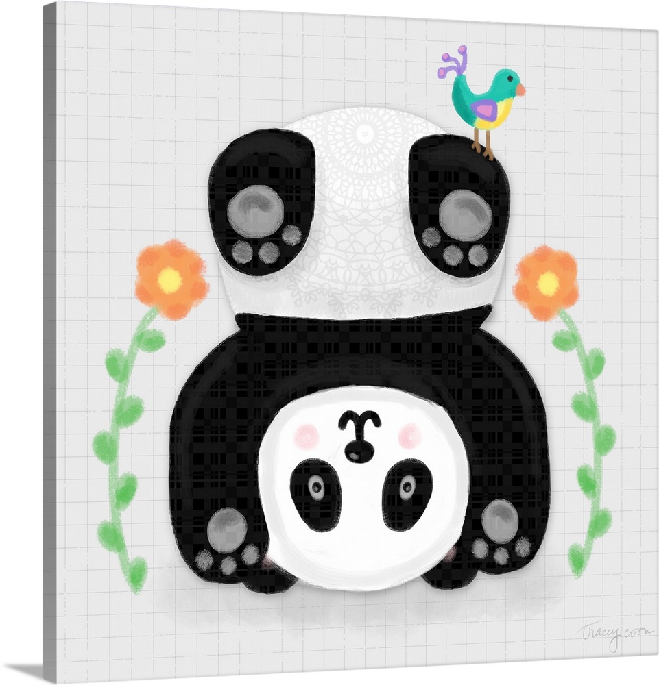 A whimsical design of a black and white panda doing a handstand with flowers on a gray and black grid background.