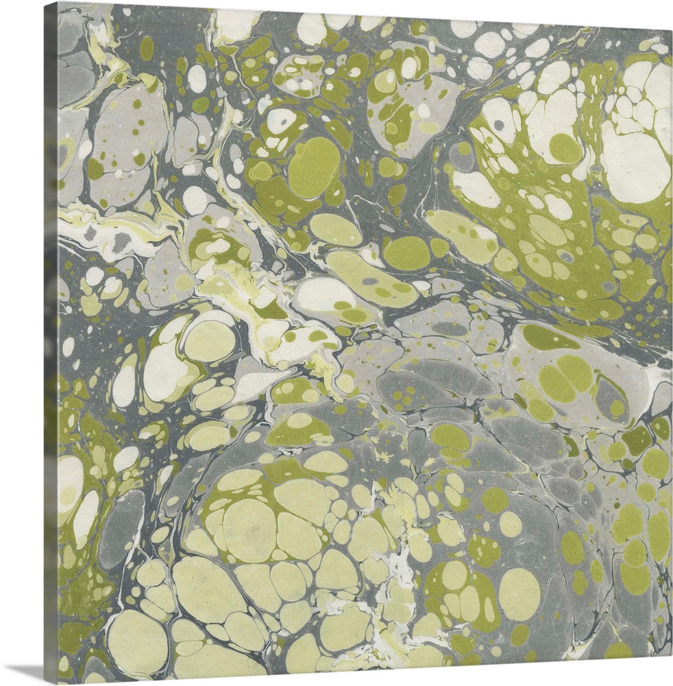 Square abstract artwork of swirls of green, gray and white shades in a marble effect.
