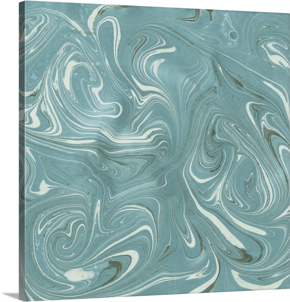 Square abstract artwork of swirls of teal and white shades in a marble effect.