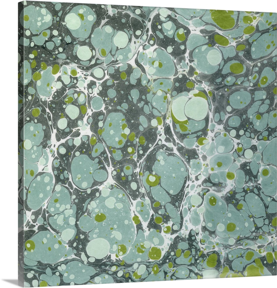 Square abstract artwork of spots and swirls of green and blue shades in a marble effect.