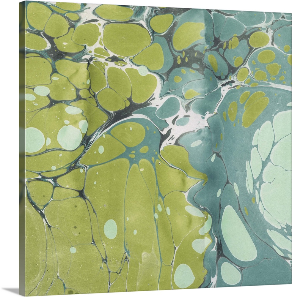 Square abstract artwork of swirls of green, teal and white shades in a marble effect.