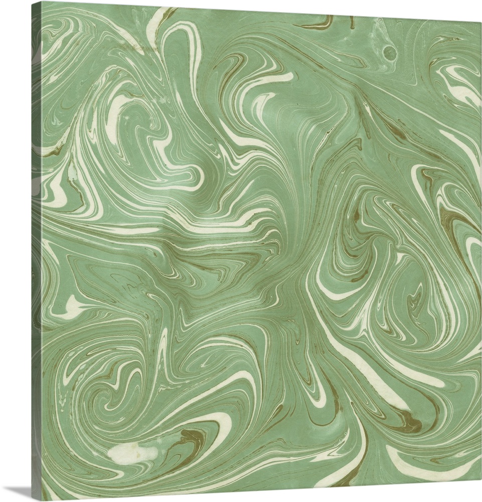 Square abstract artwork of swirls of green and white shades in a marble effect.